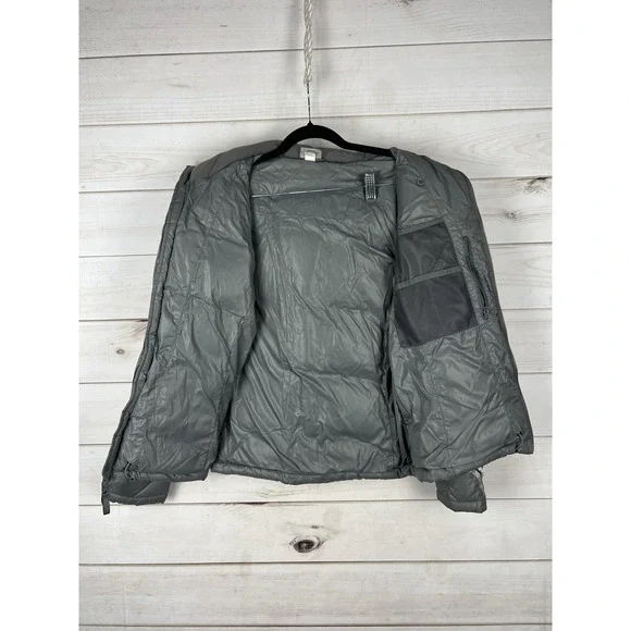 Athleta Down Puffer Jacket Womens Medium Gray Removable Hood Print Ski Outdoor - Picture 3 of 9